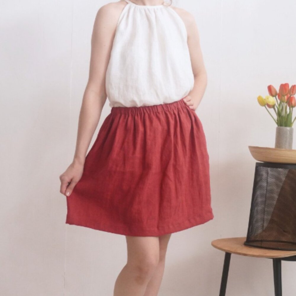 MEETRA LINEN I Raspberry Pull-On A-Linen Linen Maranon Short Skirt, M